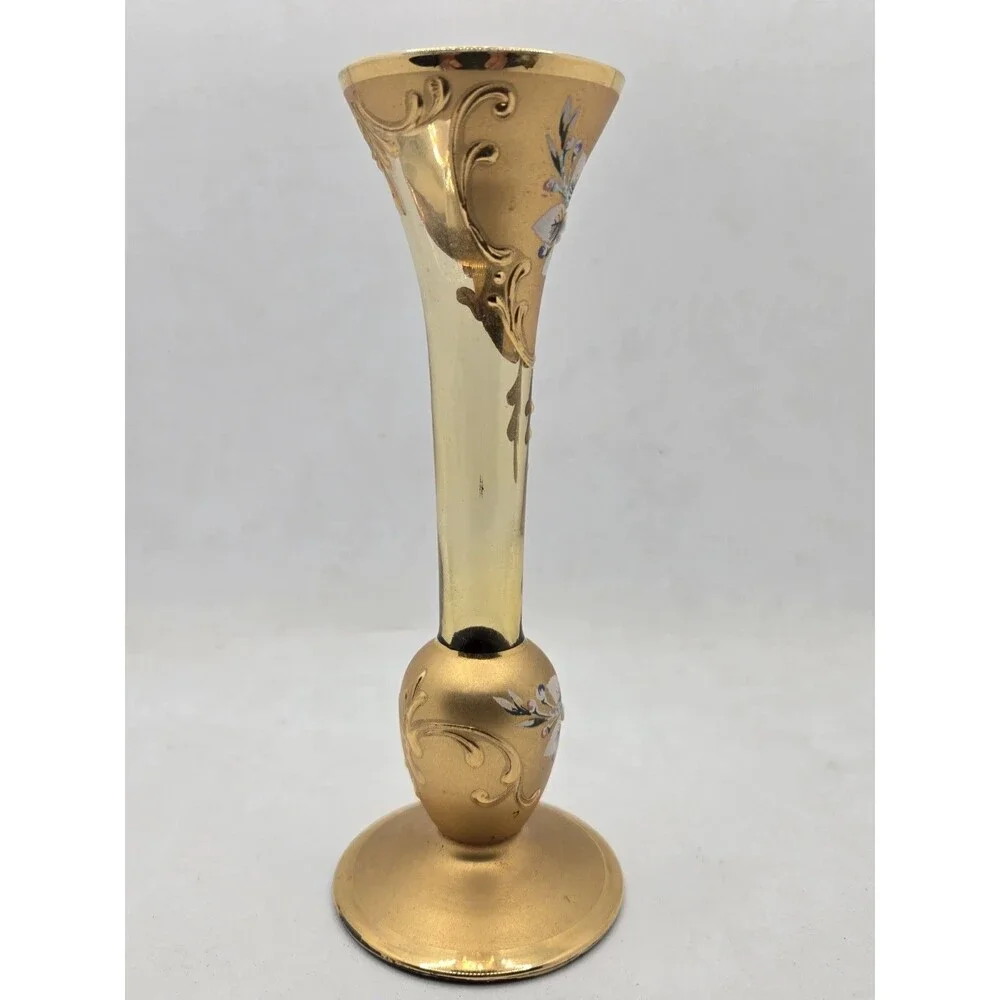 Czech Bohemian Gold Hand Painted Floral Glass Bud Vase 6